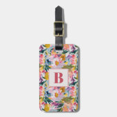 Elegante pastel roze Abstracte bloem monogrammed Bagagelabel (Voorkant verticaal)