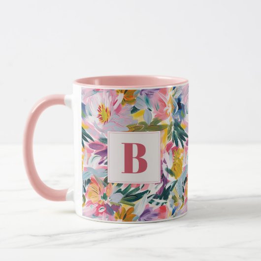Elegante pastel roze Abstracte bloem monogrammed Mok (Links)