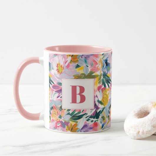 Elegante pastel roze Abstracte bloem monogrammed Mok (Met donut)