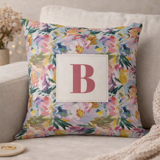 Elegante Pastel Roze Abstracte Bloemige Monogram I Kussen (Creator heeft geüpload)