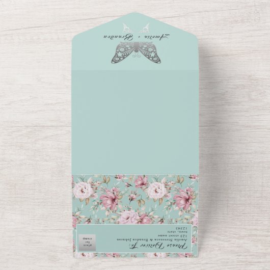 Elegante Pastel Roze Blauw Bloemen Huwelijk All In One Uitnodiging (Buitenkant)