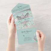 Elegante Pastel Roze Blauw Bloemen Huwelijk All In One Uitnodiging (Afscheurbaar)