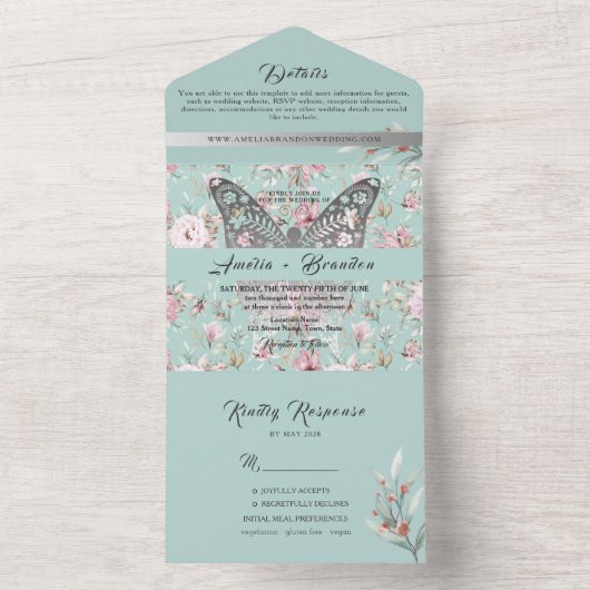 Elegante Pastel Roze Blauw Bloemen Huwelijk All In One Uitnodiging (Binnen)