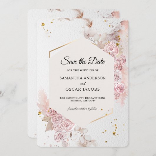 Elegante pastel roze bloem | Modern Save The Date (Voorkant / Achterkant)