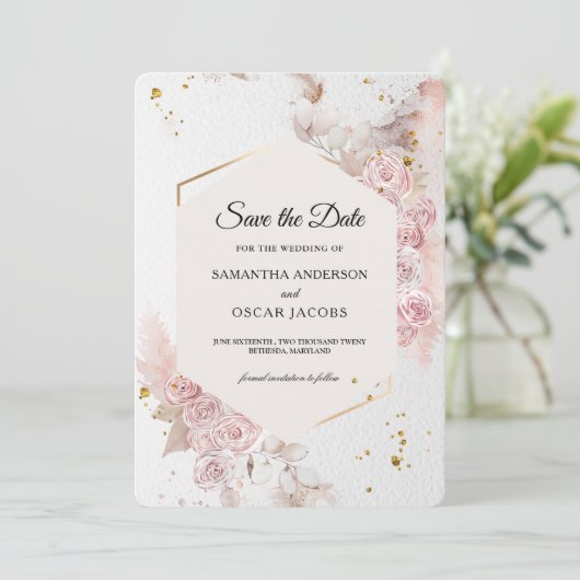 Elegante pastel roze bloem | Modern Save The Date (Staand voorkant)