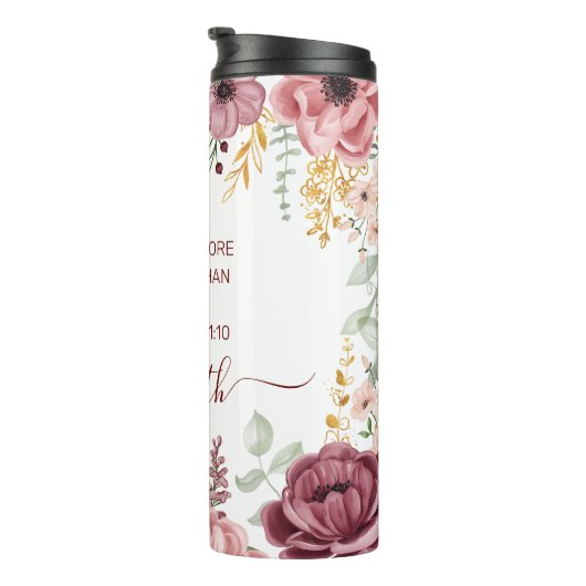 Elegante pastel roze bloem schriftnaam thermosbeker (Geroteerd rechts)