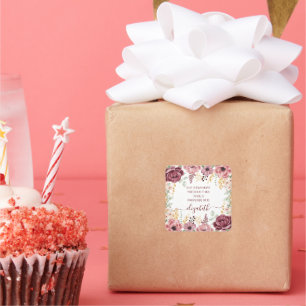 Elegante pastel roze bloem schriftnaam vierkante sticker