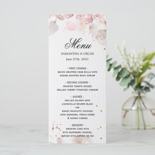 Elegante Pastel Roze Bloemrijke Lijst Fantasie Menu (Staand voorkant)