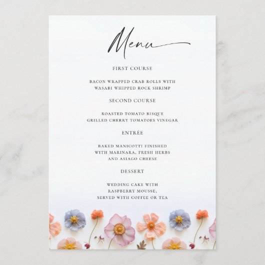Elegante Pastel Roze Boheemse Wildflower bruiloft Menu (Voorkant)