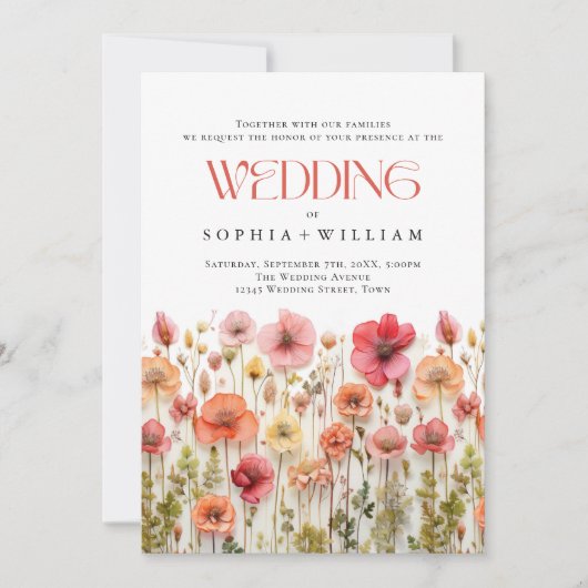 Elegante pastel roze boho wilde bloemen bruiloft kaart (Voorkant)