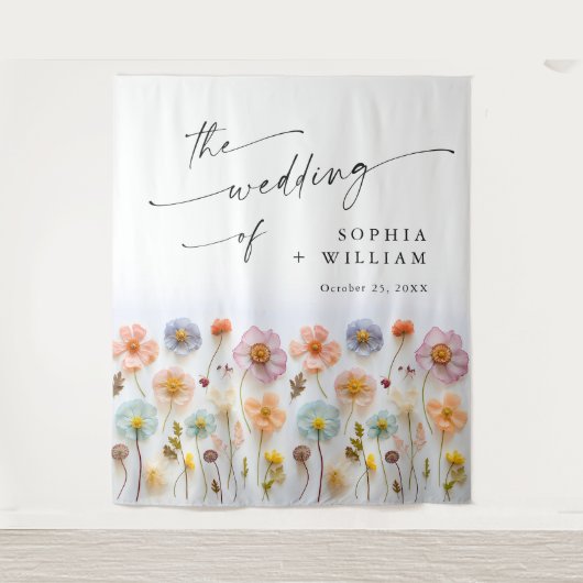 Elegante Pastel Roze Boho Wildflower bruiloft Wandkleed (Voorkant)