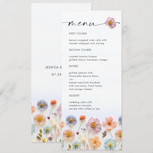 Elegante Pastel Roze Boho Wildflower Wedding Menu Kaart (Voorkant / Achterkant)