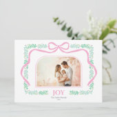 Elegante Pastel Roze Bow Joy Kerstfoto Lijst Kaart (Staand voorkant)
