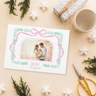 Elegante Pastel Roze Bow Joy Kerstfoto Lijst Kaart