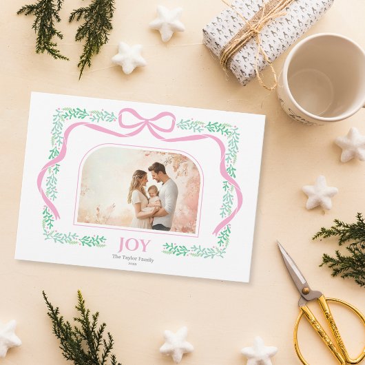 Elegante Pastel Roze Bow Joy Kerstfoto Lijst Kaart