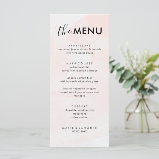 Elegante pastel roze bruiloft menu (Staand voorkant)