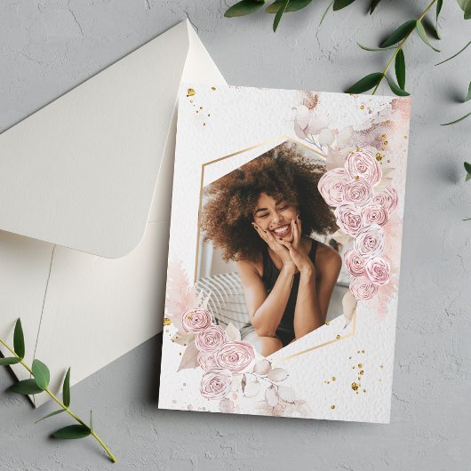 Elegante Pastel Roze Rose Bloemen Afstuderen Foto Kaart