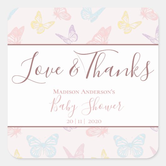 Elegante pastel roze vlinders Baby shower Bedankt Vierkante Sticker (Voorkant)