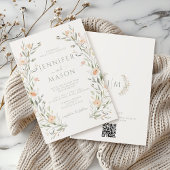 Elegante pastel roze wilde bloem groen bruiloft QR Kaart