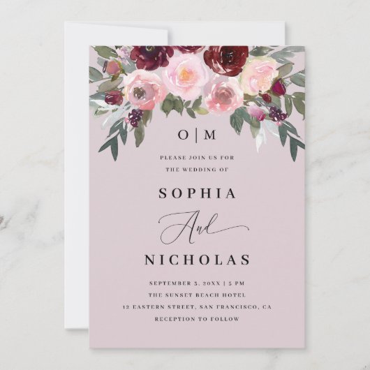 Elegante pastel stoffige roze roos bloemenbruiloft kaart (Voorkant)