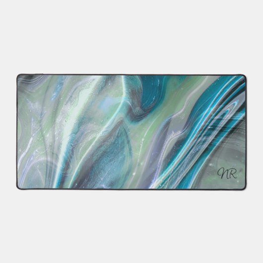 Elegante Pastel Teal Blauw Groen Monogram Marmer Bureaumat (Voorkant)