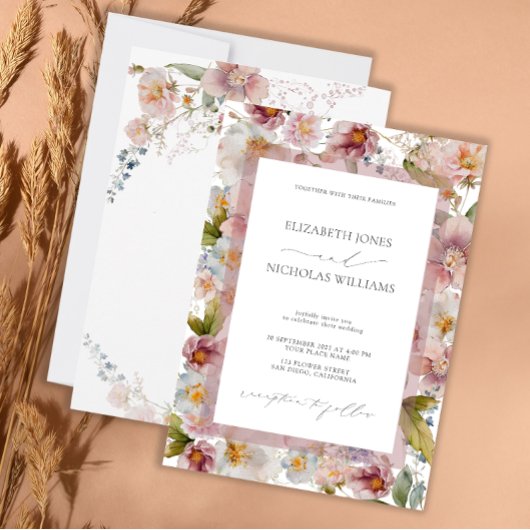 Elegante Pastel Waterverf Bloemen Bruiloft Kaart