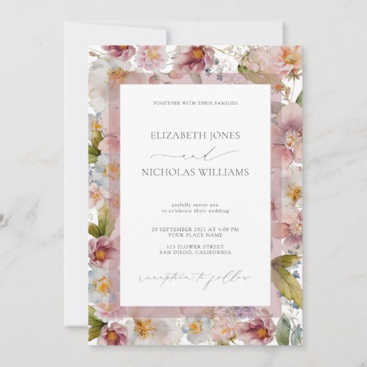 Elegante Pastel Waterverf Bloemen Bruiloft Kaart (Voorkant)