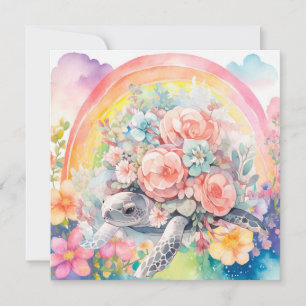Elegante Pastel Waterverf Bloemen Zee Schildpad Bedankkaart