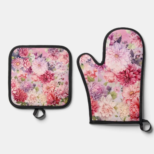 Elegante pastel Waterverf Flowers Ovenwant & Pannenlap Set (Voorkant)
