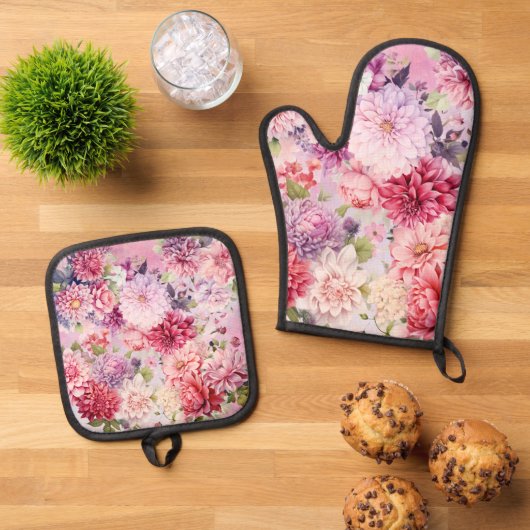 Elegante pastel Waterverf Flowers Ovenwant & Pannenlap Set (Top down)