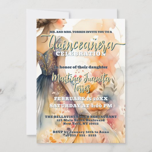 Elegante pastel Waterverf Quinceañera Celebration Kaart (Voorkant)