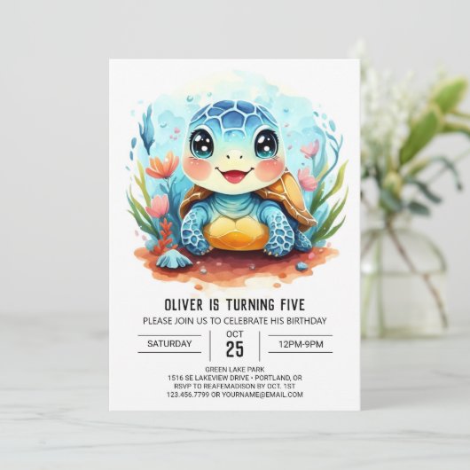 Elegante Pastel Whimsy Turtle Boy Verjaardag Kaart (Staand voorkant)