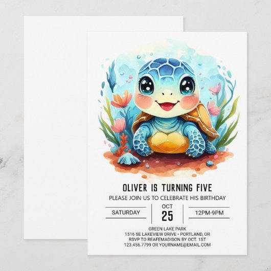 Elegante Pastel Whimsy Turtle Boy Verjaardag Kaart (Voorkant / Achterkant)