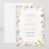 Elegante Pastel Wilde Bloemen Trouwkaart Save the Kaart (Voorkant / Achterkant)