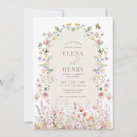 Elegante Pastel Wildflower Achtertuin Tuin Bruilof Kaart (Voorkant)