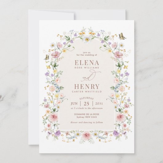 Elegante Pastel Wildflower Garden Trouwfoto Kaart (Voorkant)