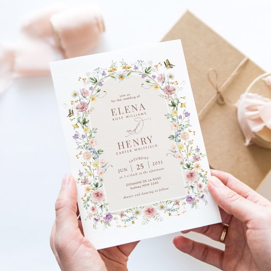 Elegante Pastel Wildflower Garden Trouwfoto Kaart