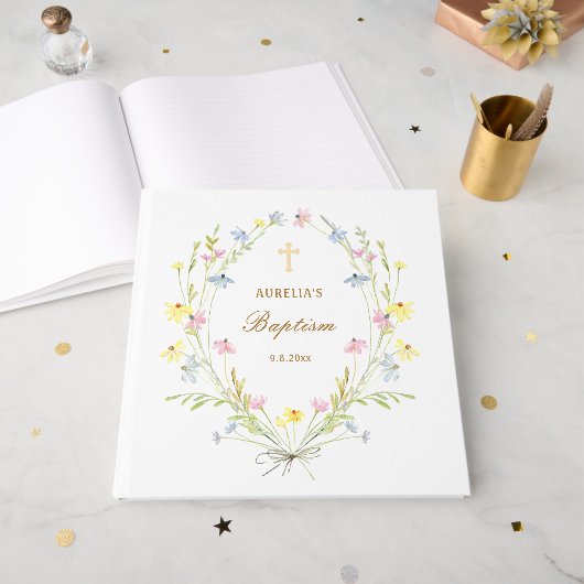 Elegante pastel Wildflowers doop Gastenboek (Voorkant open)