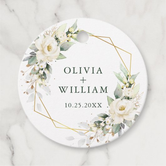 Elegante pastel witte rozen eucalyptus bruiloft bedankjes labels (Voorkant)