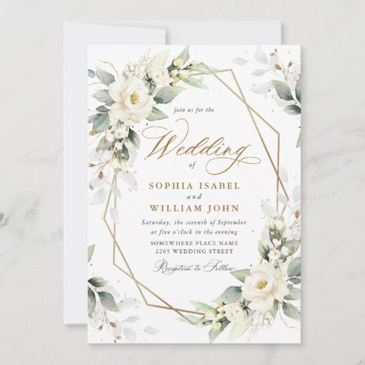 Elegante pastel witte rozen eucalyptus bruiloft kaart (Voorkant)