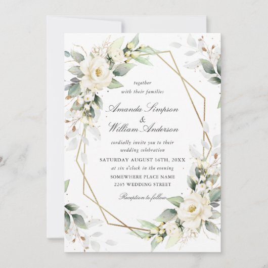 Elegante pastel witte rozen eucalyptus bruiloft kaart (Voorkant)