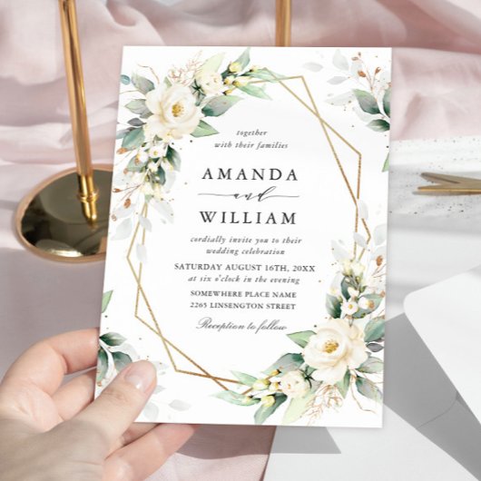 Elegante pastel witte rozen eucalyptus bruiloft kaart