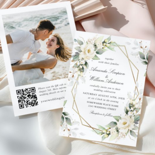 Elegante pastel witte rozen eucalyptus bruiloft kaart