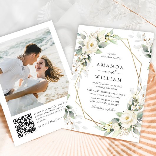 Elegante pastel witte rozen eucalyptus bruiloft kaart