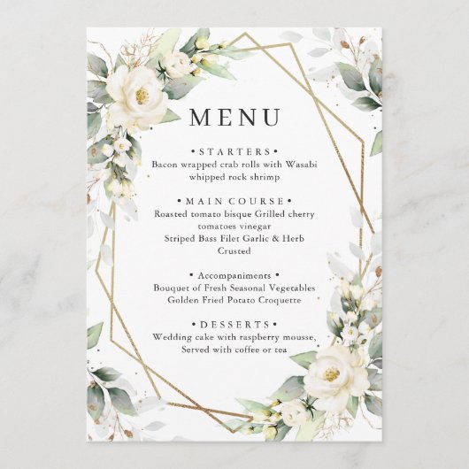 Elegante pastel witte rozen eucalyptus bruiloft menu (Voorkant)