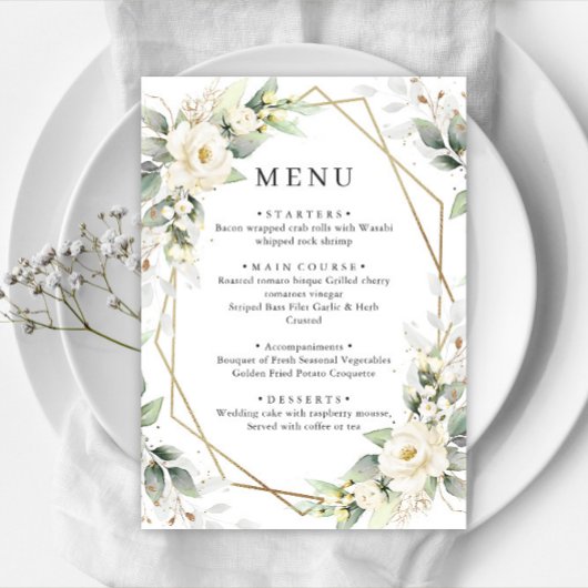 Elegante pastel witte rozen eucalyptus bruiloft menu