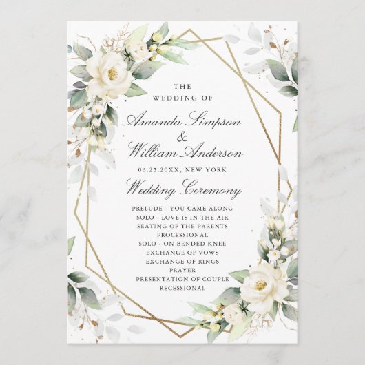 Elegante pastel witte rozen eucalyptus bruiloft programmakaart (Voorkant)