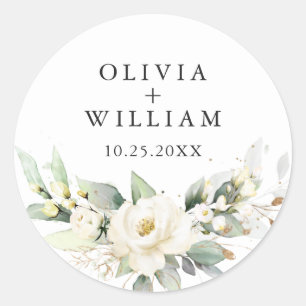 Elegante pastel witte rozen eucalyptus bruiloft ronde sticker