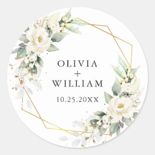 Elegante pastel witte rozen eucalyptus bruiloft ronde sticker