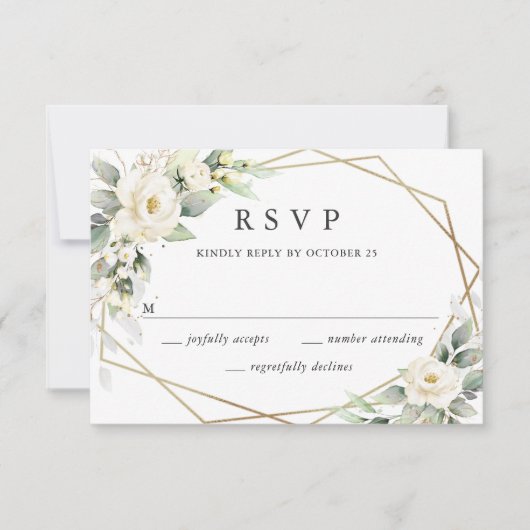Elegante pastel witte rozen eucalyptus bruiloft RSVP kaartje (Voorkant)